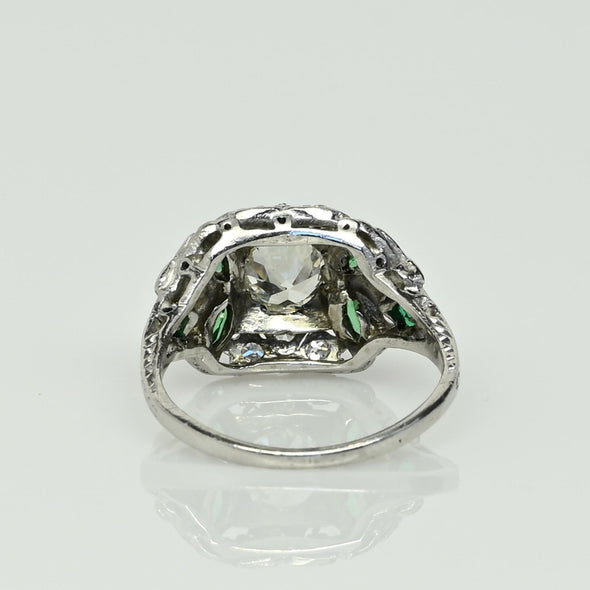 Art Deco Old European Cut Diamond and Emerald Platinum Engagement Ring