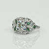Art Deco Old European Cut Diamond and Emerald Platinum Engagement Ring