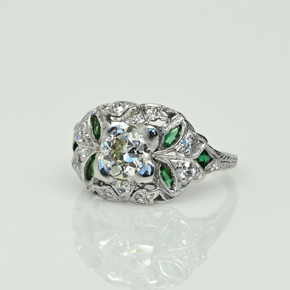 Art Deco Old European Cut Diamond and Emerald Platinum Engagement Ring
