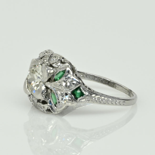 Art Deco Old European Cut Diamond and Emerald Platinum Engagement Ring