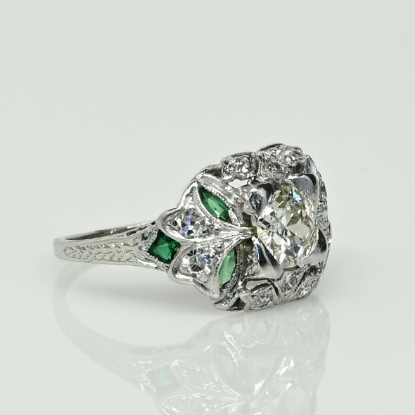 Art Deco Old European Cut Diamond and Emerald Platinum Engagement Ring