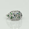 Art Deco Old European Cut Diamond and Emerald Platinum Engagement Ring