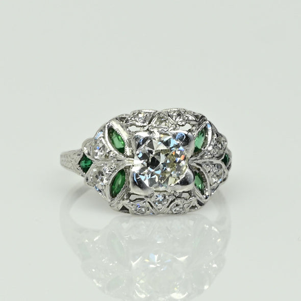 Art Deco Old European Cut Diamond and Emerald Platinum Engagement Ring