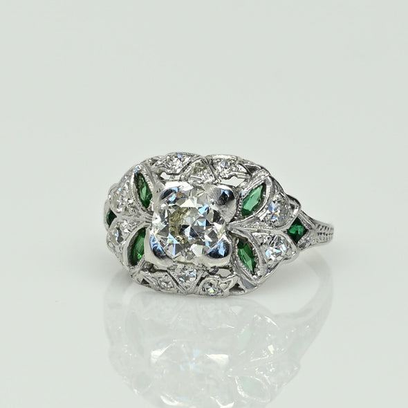 Art Deco Old European Cut Diamond and Emerald Platinum Engagement Ring