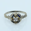 Art Deco Diamond & Blue Sapphire 20k White Gold Ring with Engraved Detail