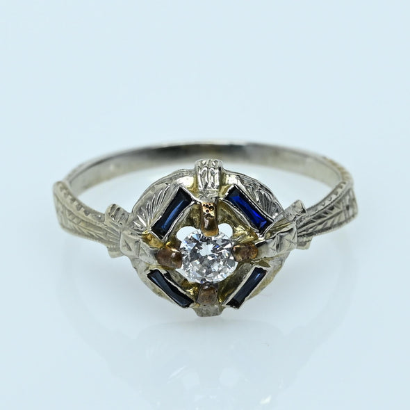 Art Deco Diamond & Blue Sapphire 20k White Gold Ring with Engraved Detail