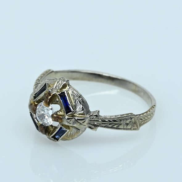 Art Deco Diamond & Blue Sapphire 20k White Gold Ring with Engraved Detail