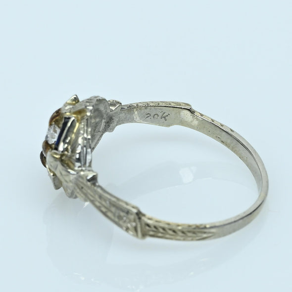Art Deco Diamond & Blue Sapphire 20k White Gold Ring with Engraved Detail