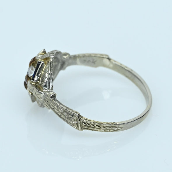 Art Deco Diamond & Blue Sapphire 20k White Gold Ring with Engraved Detail