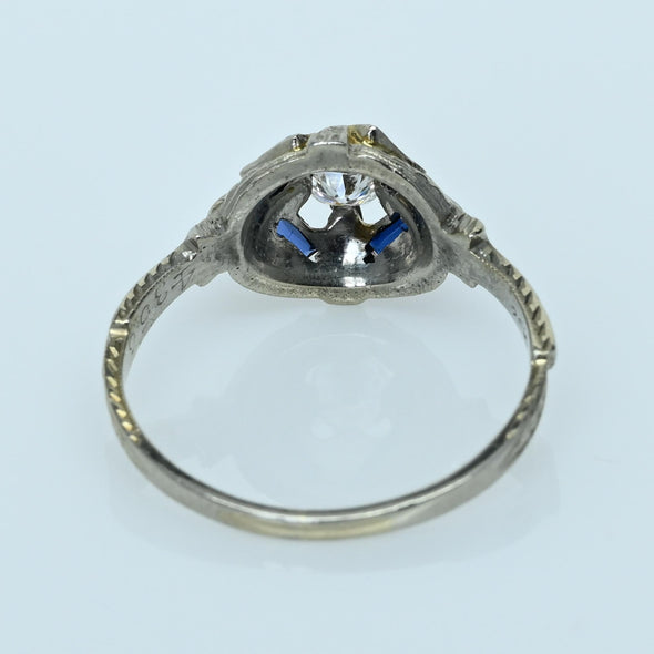Art Deco Diamond & Blue Sapphire 20k White Gold Ring with Engraved Detail