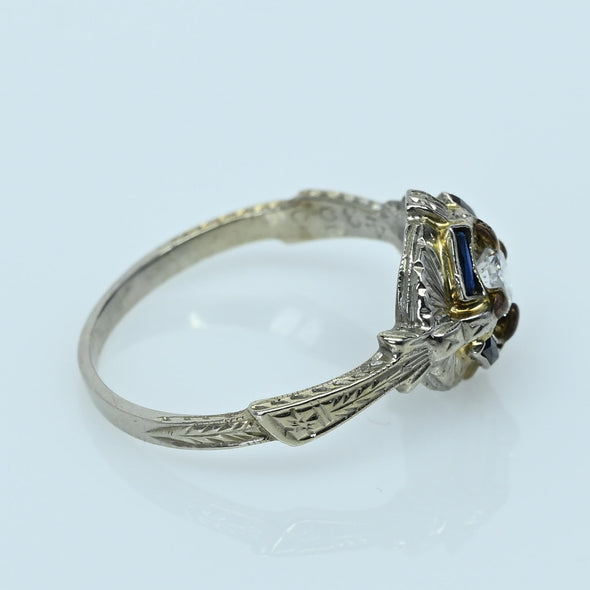 Art Deco Diamond & Blue Sapphire 20k White Gold Ring with Engraved Detail