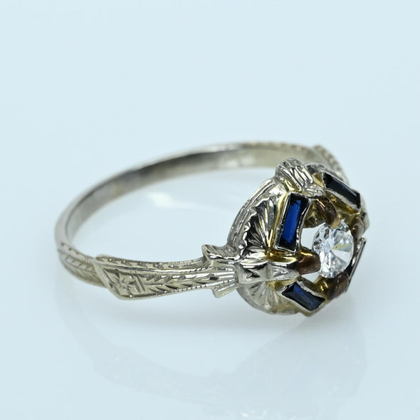 Art Deco Diamond & Blue Sapphire 20k White Gold Ring with Engraved Detail