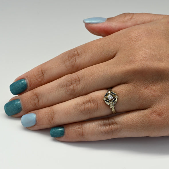 Art Deco Diamond & Blue Sapphire 20k White Gold Ring with Engraved Detail