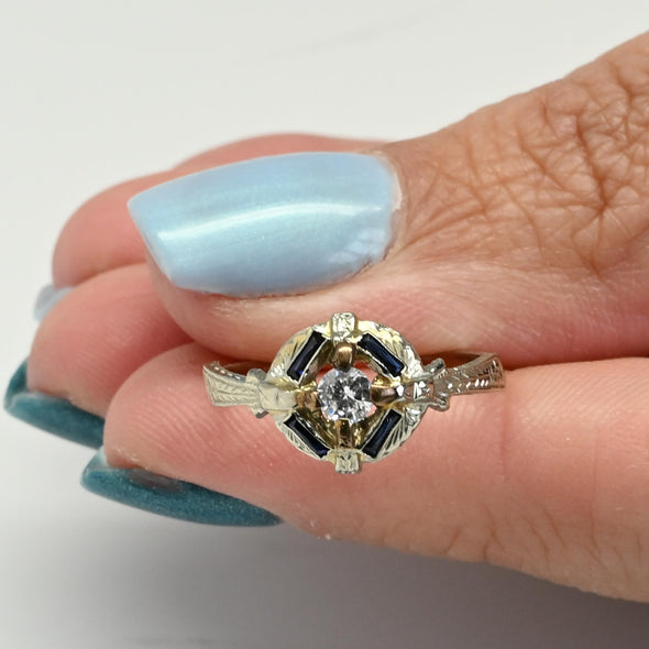 Art Deco Diamond & Blue Sapphire 20k White Gold Ring with Engraved Detail