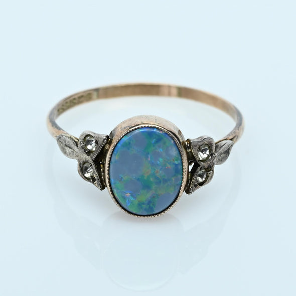 Antique Opal and Diamond Bezel Set 9K Gold Ring