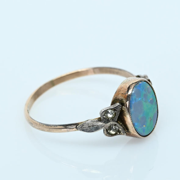 Antique Opal and Diamond Bezel Set 9K Gold Ring