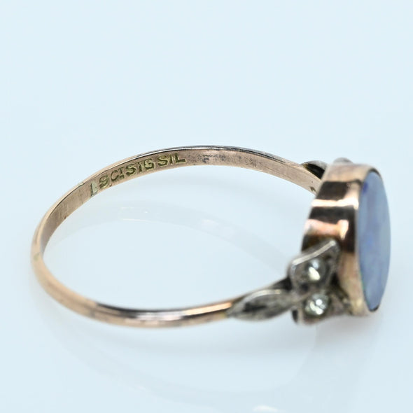 Antique Opal and Diamond Bezel Set 9K Gold Ring