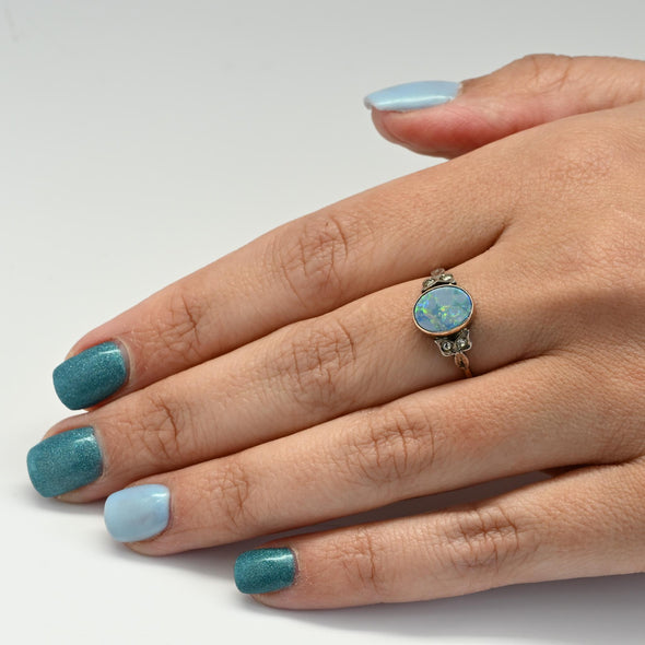 Antique Opal and Diamond Bezel Set 9K Gold Ring