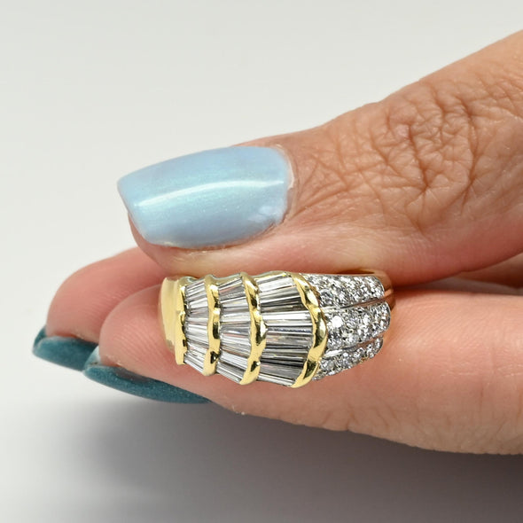 2.75ctw Tapered Baguette and Round Brilliant Diamond 18K Gold Cocktail Ring