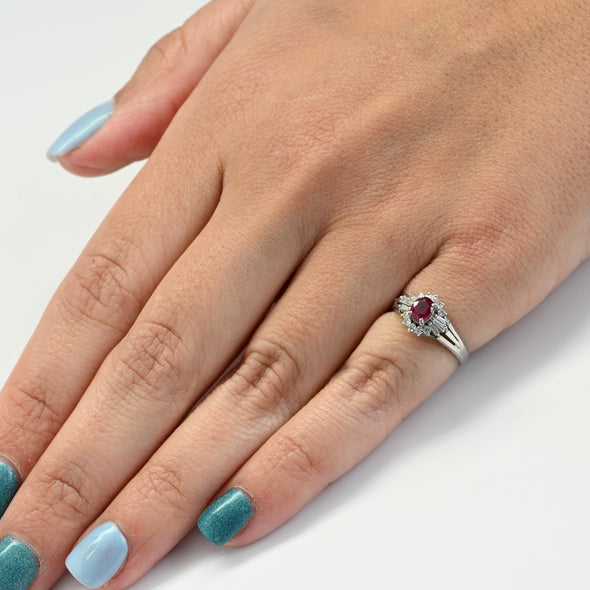 Vintage 0.32ctw Ruby Diamond Cluster Platinum Ring