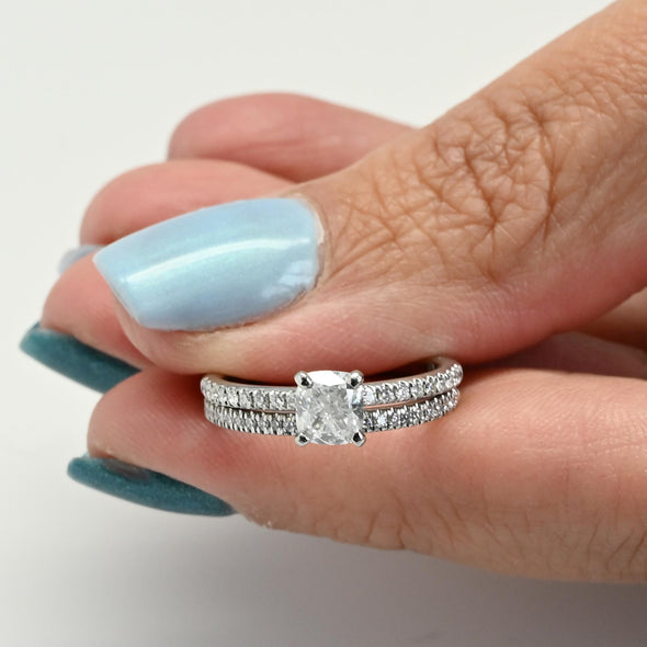 0.91ct Cushion Cut E SI2 Diamond Wedding Set Platinum Engagement Ring w GIA
