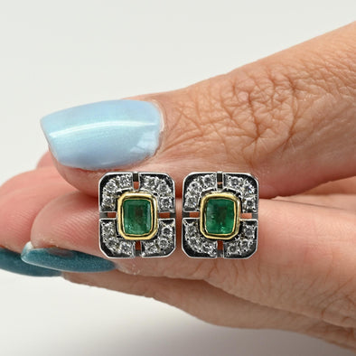 Vintage Emerald and Diamond Rectangular Two Tone 18k Gold Earrings