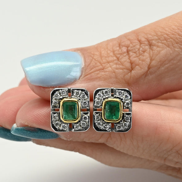 Vintage Emerald and Diamond Rectangular Two Tone 18k Gold Earrings