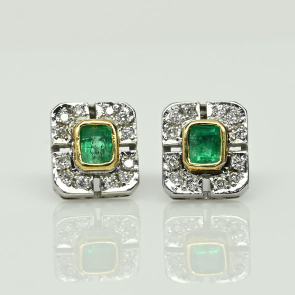 Vintage Emerald and Diamond Rectangular Two Tone 18k Gold Earrings