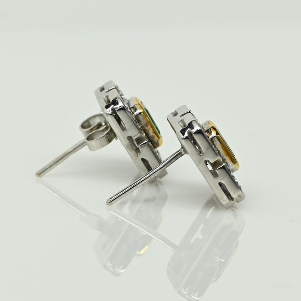 Vintage Emerald and Diamond Rectangular Two Tone 18k Gold Earrings