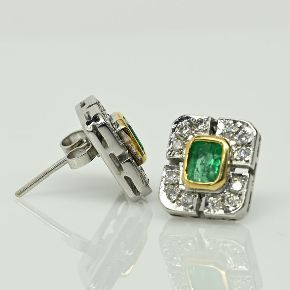 Vintage Emerald and Diamond Rectangular Two Tone 18k Gold Earrings