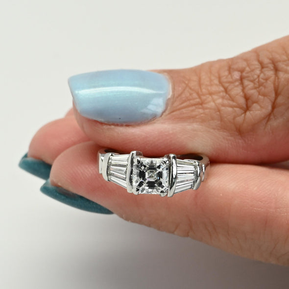 1.93ctw Asscher Cut G VS1 Diamond Platinum Baguette Engagement Ring w GIA