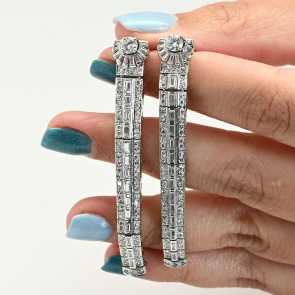 Art Deco 3.15ctw Round and Baguette Diamond Platinum Long Dangle Earrings