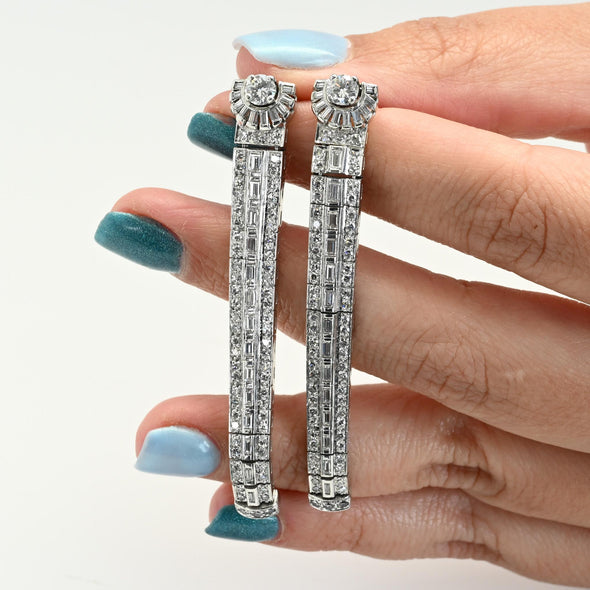 Art Deco 3.15ctw Round and Baguette Diamond Platinum Long Dangle Earrings