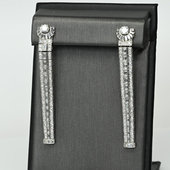 Art Deco 3.15ctw Round and Baguette Diamond Platinum Long Dangle Earrings