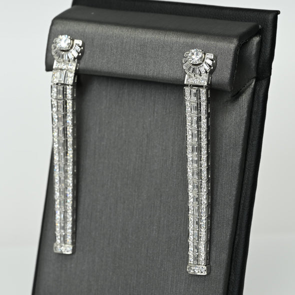 Art Deco 3.15ctw Round and Baguette Diamond Platinum Long Dangle Earrings