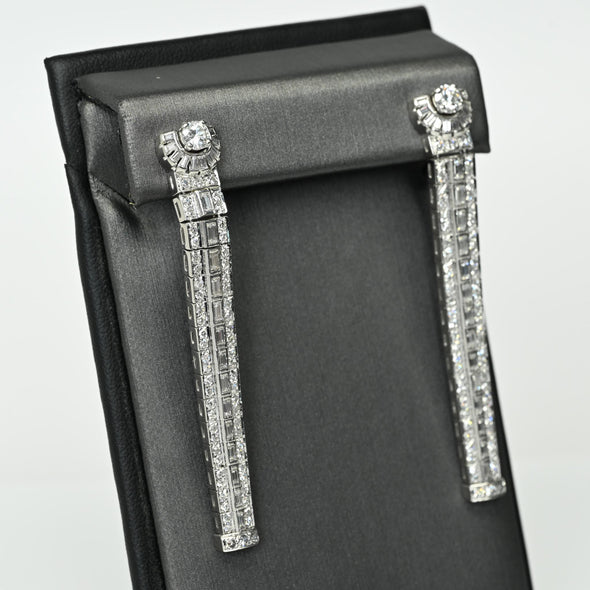 Art Deco 3.15ctw Round and Baguette Diamond Platinum Long Dangle Earrings