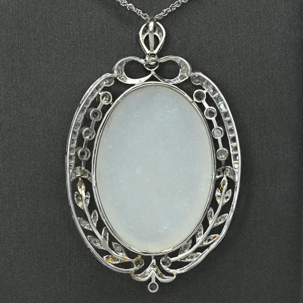 Edwardian 29ct Oval Moonstone Diamond Bow Motif Platinum Pendant