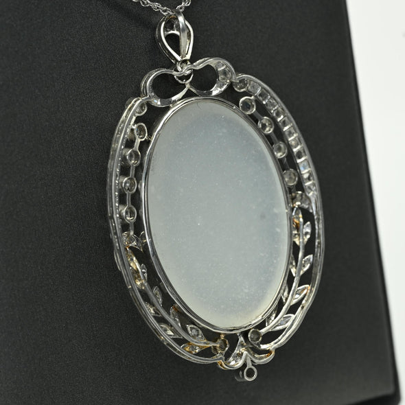 Edwardian 29ct Oval Moonstone Diamond Bow Motif Platinum Pendant