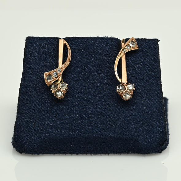 Art Deco 14K Rose Gold Vintage Drop Earrings with Rose Cut Diamonds