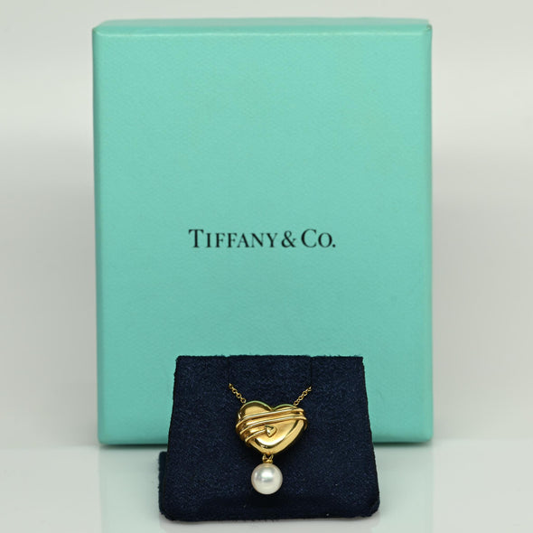 Vintage Tiffany & Co. Cupid's Arrow Puff Heart Pearl 18k Gold Necklace 1994