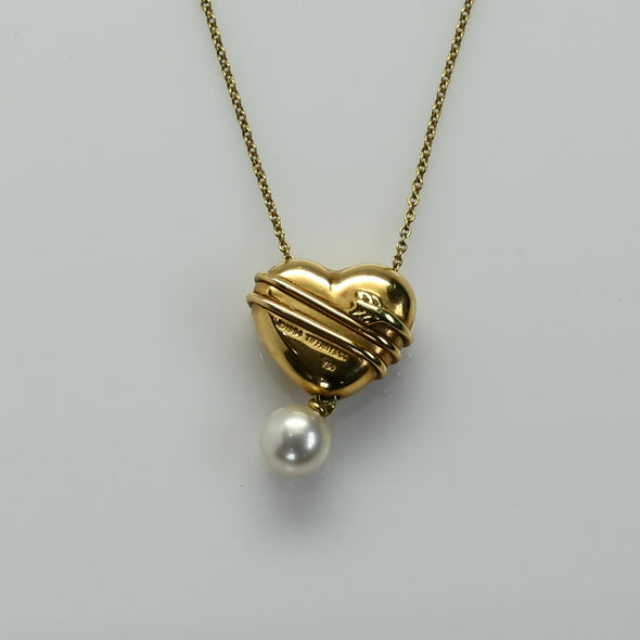 Vintage Tiffany & Co. Cupid's Arrow Puff Heart Pearl 18k Gold Necklace 1994