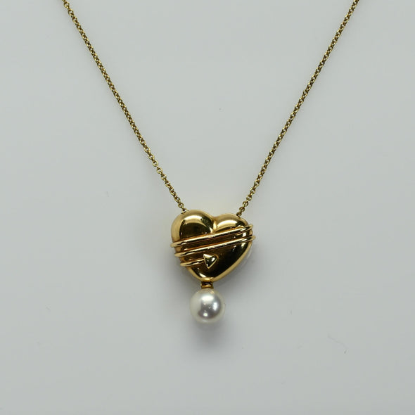 Vintage Tiffany & Co. Cupid's Arrow Puff Heart Pearl 18k Gold Necklace 1994