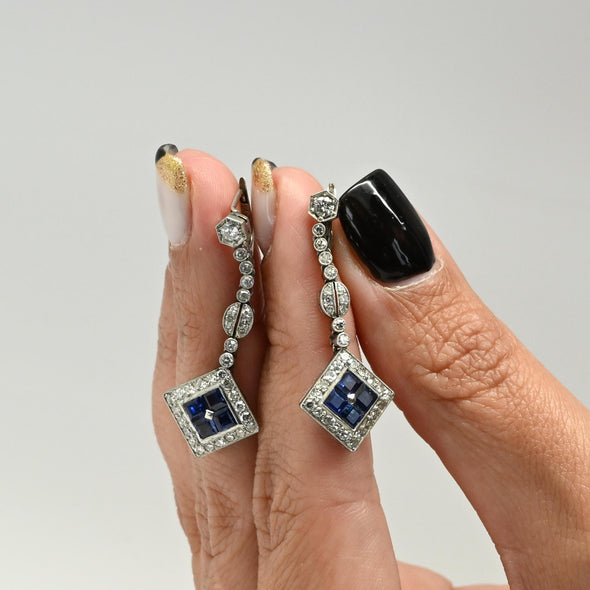 Art Deco Sapphire Square Diamond Halo Platinum Dangle Earrings