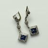 Art Deco Sapphire Square Diamond Halo Platinum Dangle Earrings