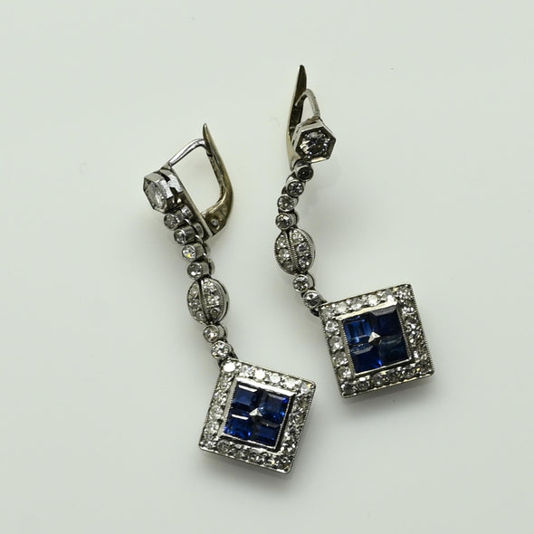 Art Deco Sapphire Square Diamond Halo Platinum Dangle Earrings