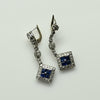 Art Deco Sapphire Square Diamond Halo Platinum Dangle Earrings