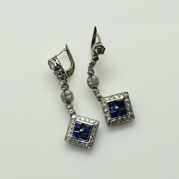 Art Deco Sapphire Square Diamond Halo Platinum Dangle Earrings