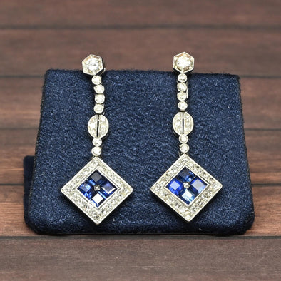 Art Deco Sapphire Square Diamond Halo Platinum Dangle Earrings