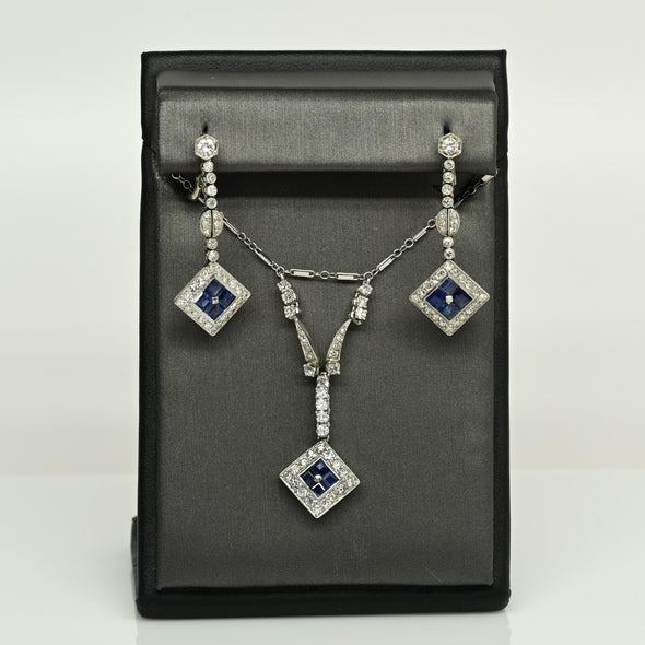Art Deco Sapphire Square Diamond Halo Platinum Dangle Earrings