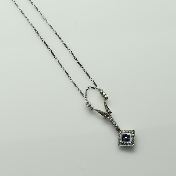 Art Deco Sapphire Square Diamond Halo Platinum Pendant Necklace